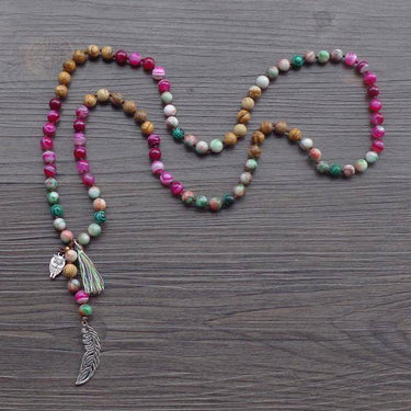 Mixed 8MM Natural Stone Bead with Leaf / Owl Tassel Necklace